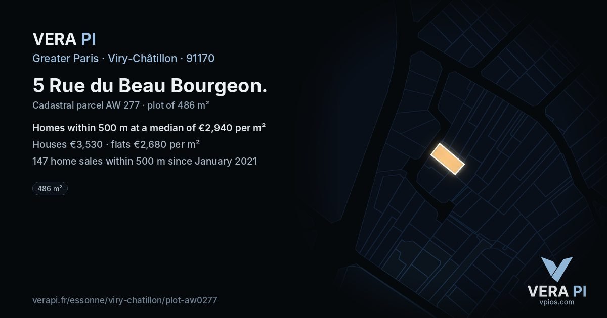5 Rue du Beau Bourgeon, Viry-Châtillon at night – the plot lit, the parcels around coloured by the prices near them