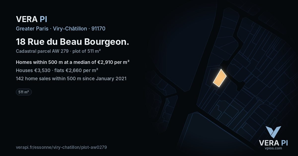 18 Rue du Beau Bourgeon, Viry-Châtillon at night – the plot lit, the parcels around coloured by the prices near them