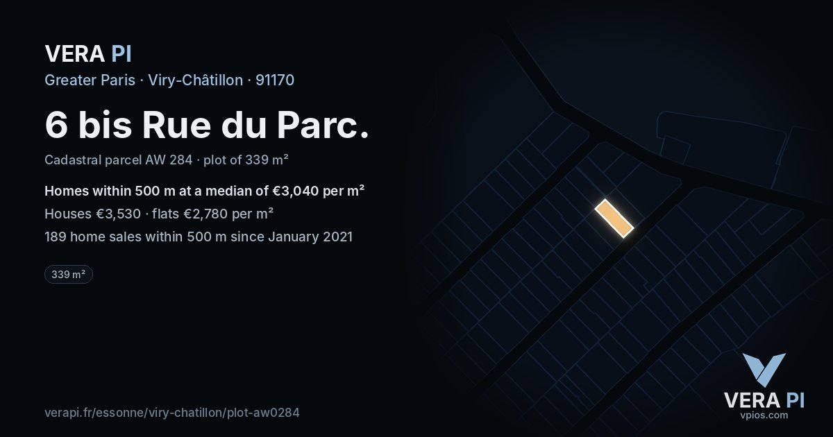 6 bis Rue du Parc, Viry-Châtillon at night – the plot lit, the parcels around coloured by the prices near them