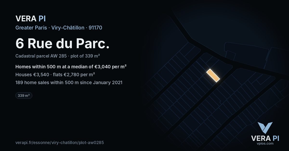 6 Rue du Parc, Viry-Châtillon at night – the plot lit, the parcels around coloured by the prices near them