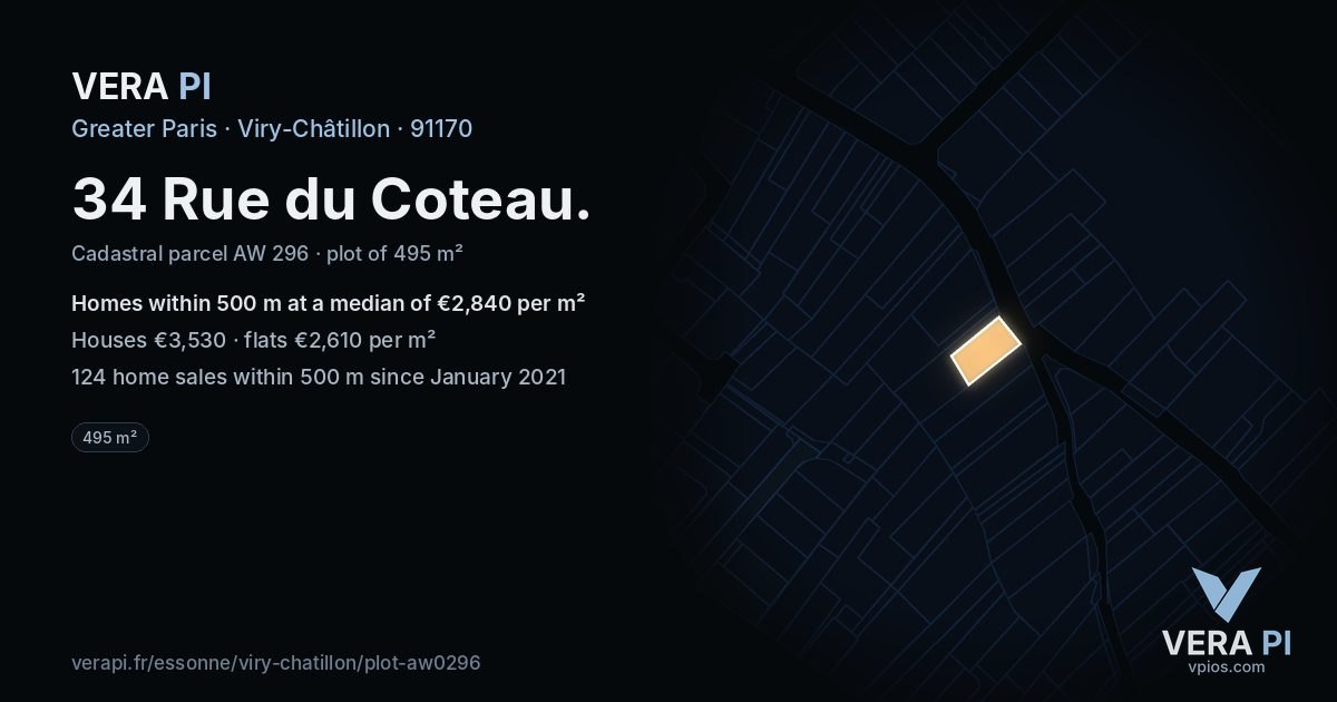 34 Rue du Coteau, Viry-Châtillon at night – the plot lit, the parcels around coloured by the prices near them