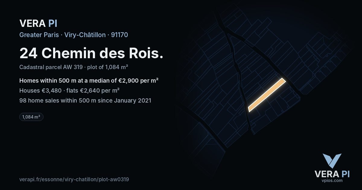 24 Chemin des Rois, Viry-Châtillon at night – the plot lit, the parcels around coloured by the prices near them