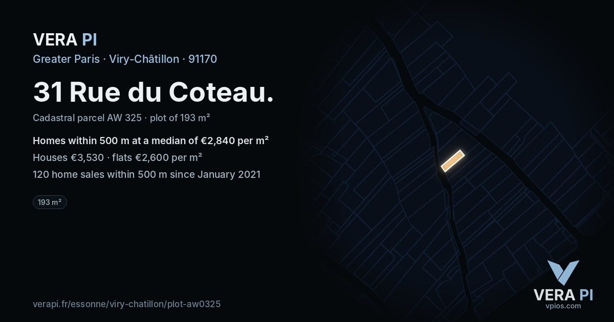 31 Rue du Coteau, Viry-Châtillon at night – the plot lit, the parcels around coloured by the prices near them