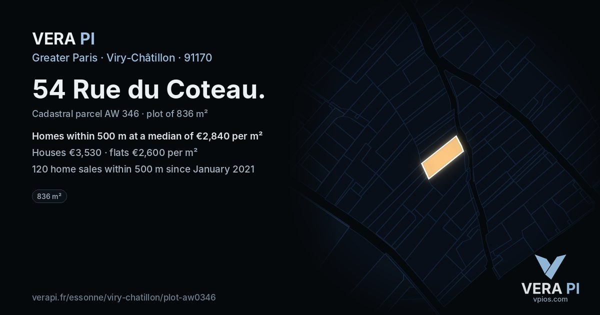 54 Rue du Coteau, Viry-Châtillon at night – the plot lit, the parcels around coloured by the prices near them