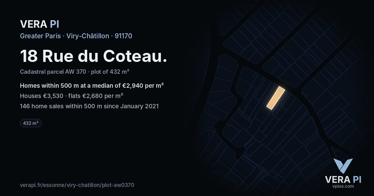 18 Rue du Coteau, Viry-Châtillon at night – the plot lit, the parcels around coloured by the prices near them