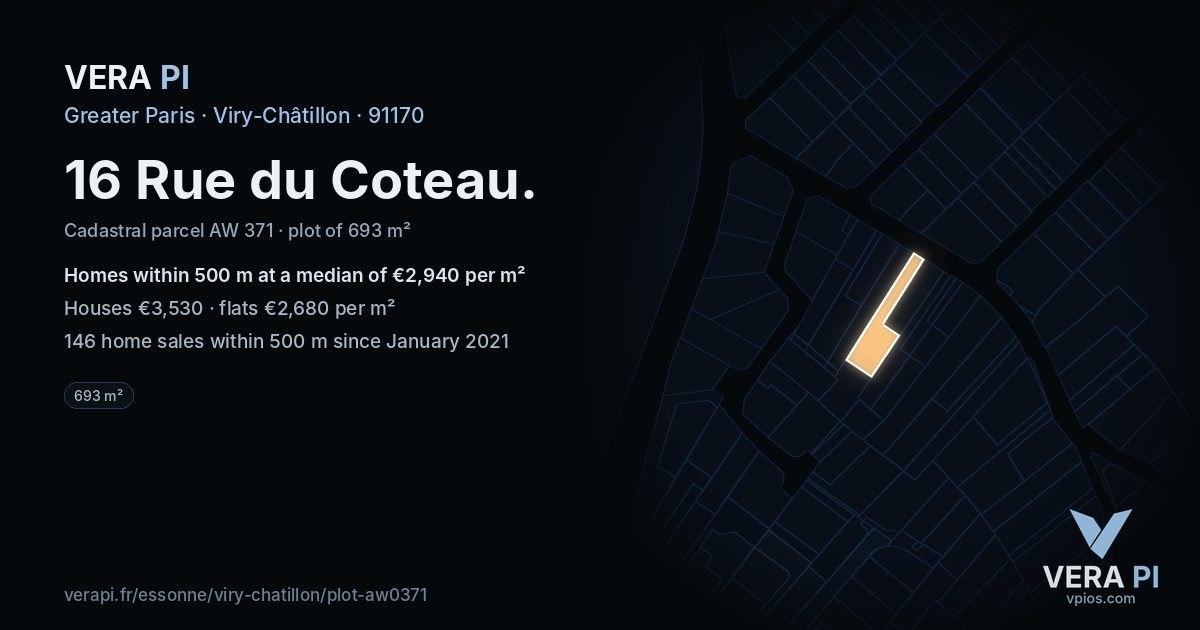 16 Rue du Coteau, Viry-Châtillon at night – the plot lit, the parcels around coloured by the prices near them