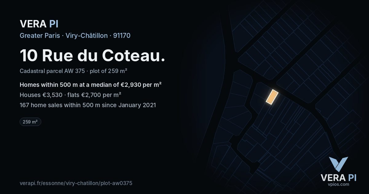 10 Rue du Coteau, Viry-Châtillon at night – the plot lit, the parcels around coloured by the prices near them