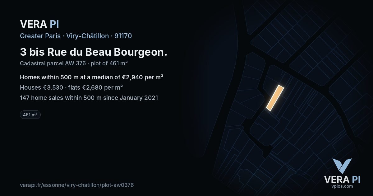 3 bis Rue du Beau Bourgeon, Viry-Châtillon at night – the plot lit, the parcels around coloured by the prices near them