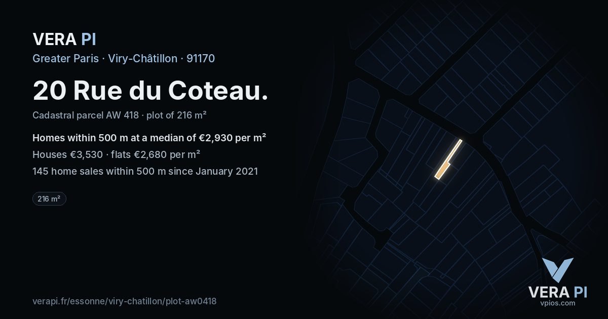 20 Rue du Coteau, Viry-Châtillon at night – the plot lit, the parcels around coloured by the prices near them