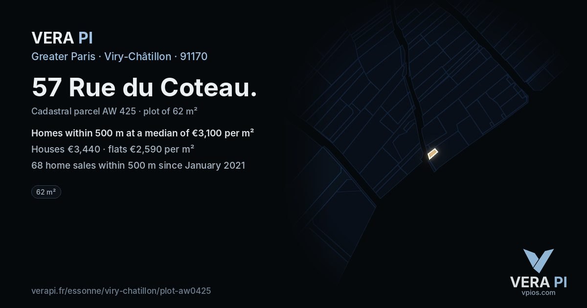 57 Rue du Coteau, Viry-Châtillon at night – the plot lit, the parcels around coloured by the prices near them