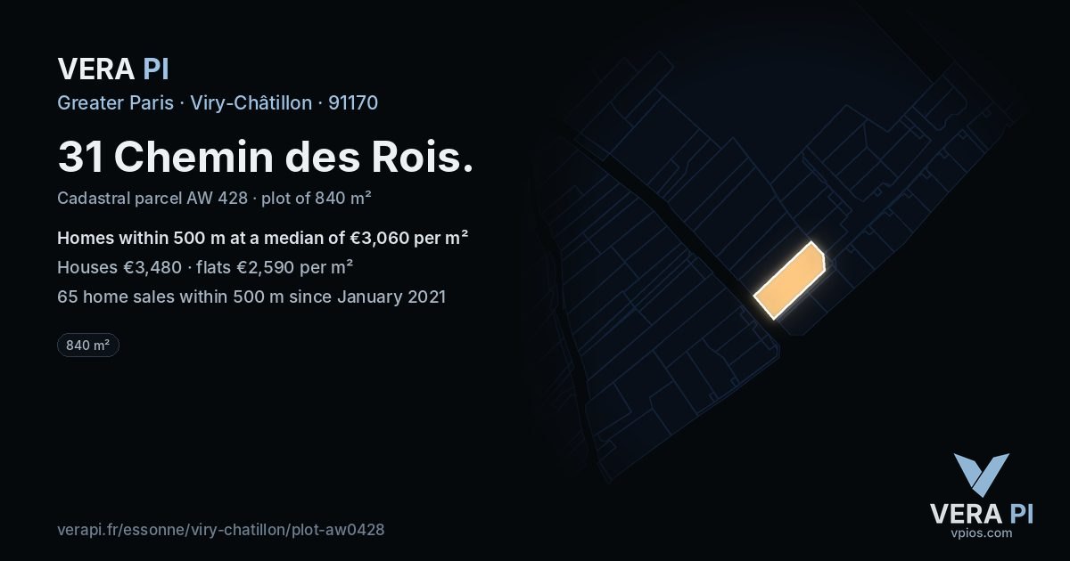 31 Chemin des Rois, Viry-Châtillon at night – the plot lit, the parcels around coloured by the prices near them