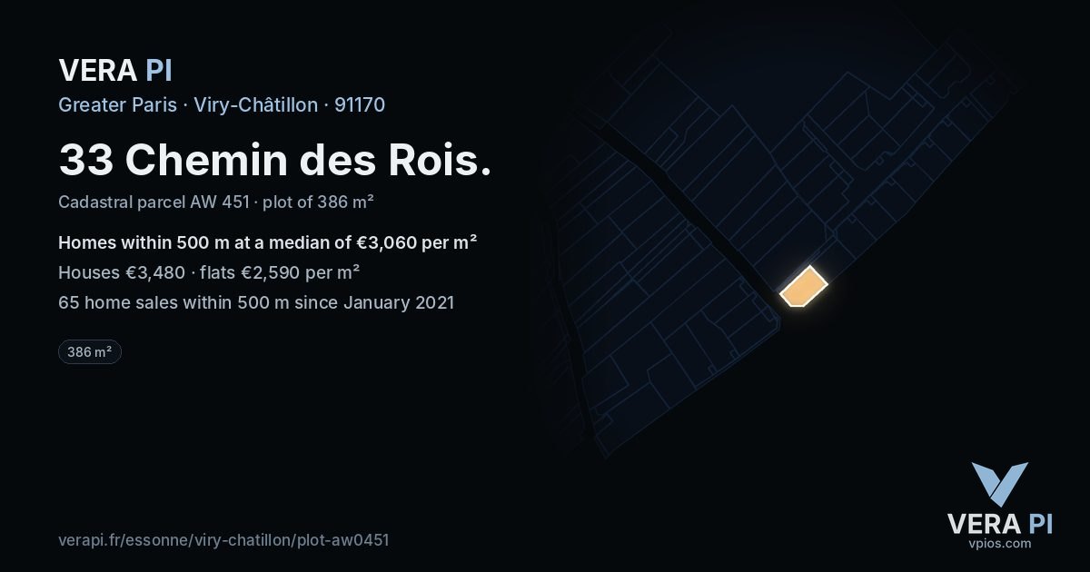 33 Chemin des Rois, Viry-Châtillon at night – the plot lit, the parcels around coloured by the prices near them
