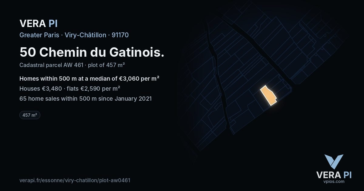 50 Chemin du Gatinois, Viry-Châtillon at night – the plot lit, the parcels around coloured by the prices near them