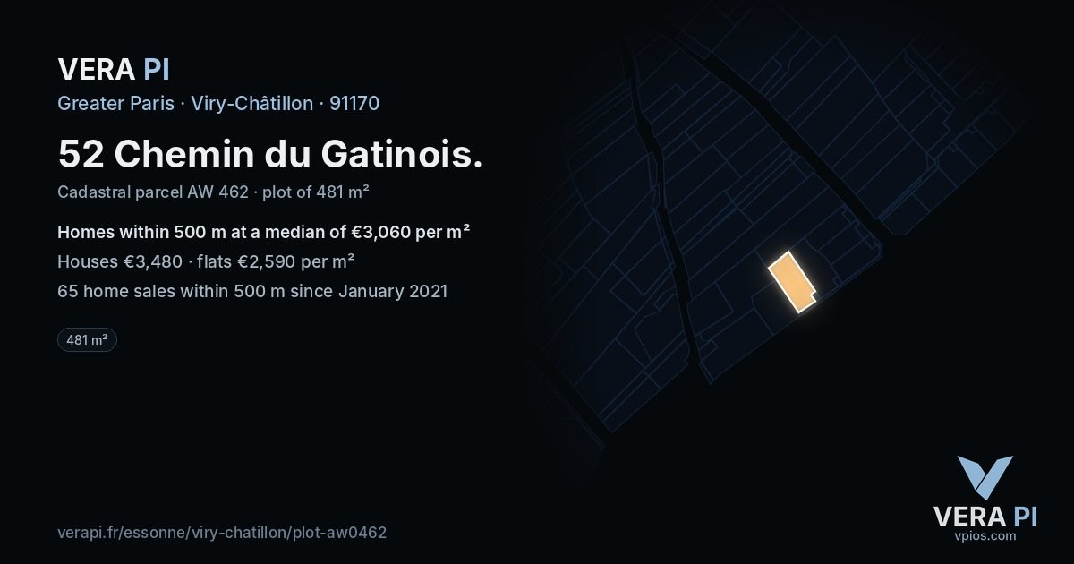 52 Chemin du Gatinois, Viry-Châtillon at night – the plot lit, the parcels around coloured by the prices near them