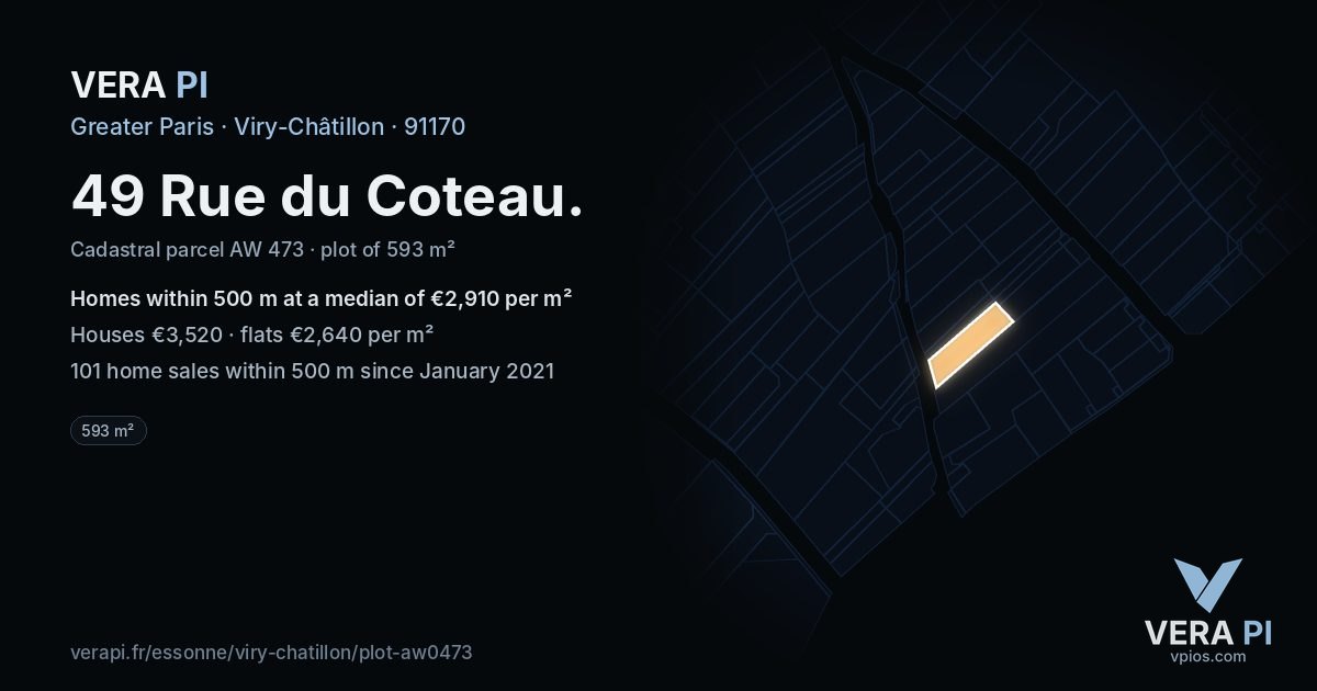 49 Rue du Coteau, Viry-Châtillon at night – the plot lit, the parcels around coloured by the prices near them