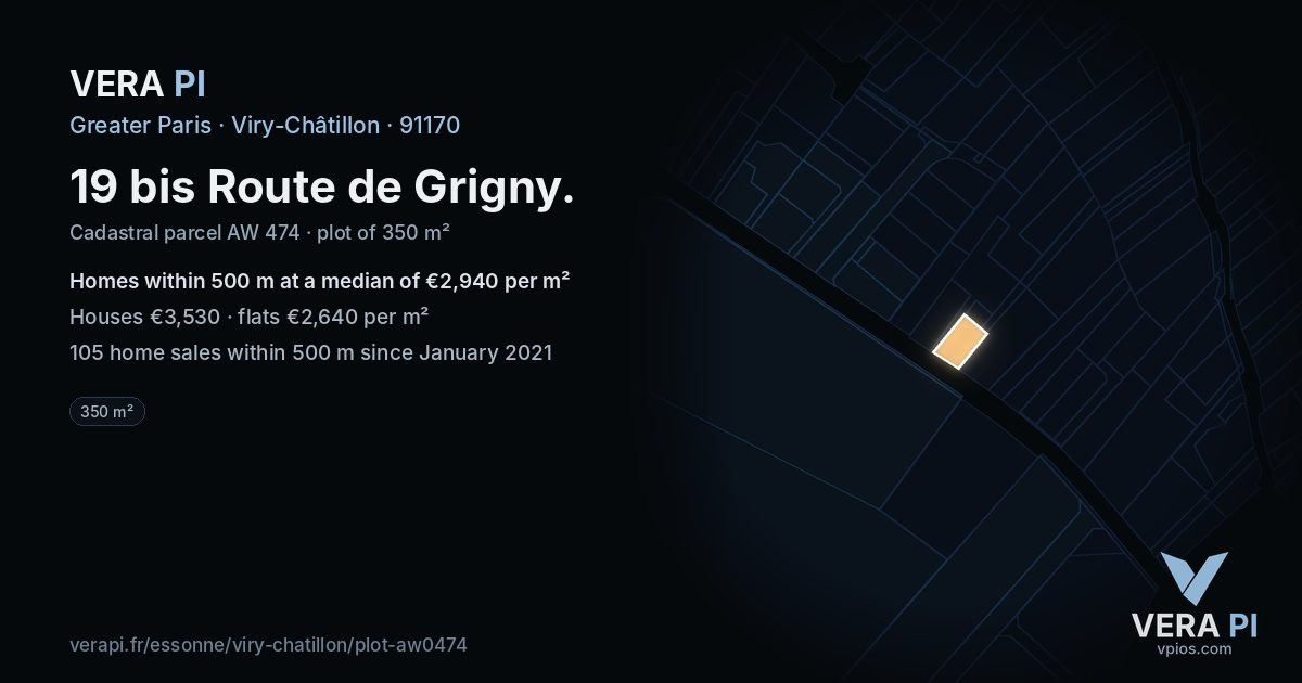 19 bis Route de Grigny, Viry-Châtillon at night – the plot lit, the parcels around coloured by the prices near them