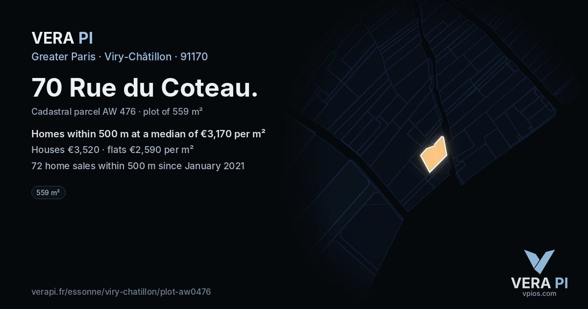 70 Rue du Coteau, Viry-Châtillon at night – the plot lit, the parcels around coloured by the prices near them