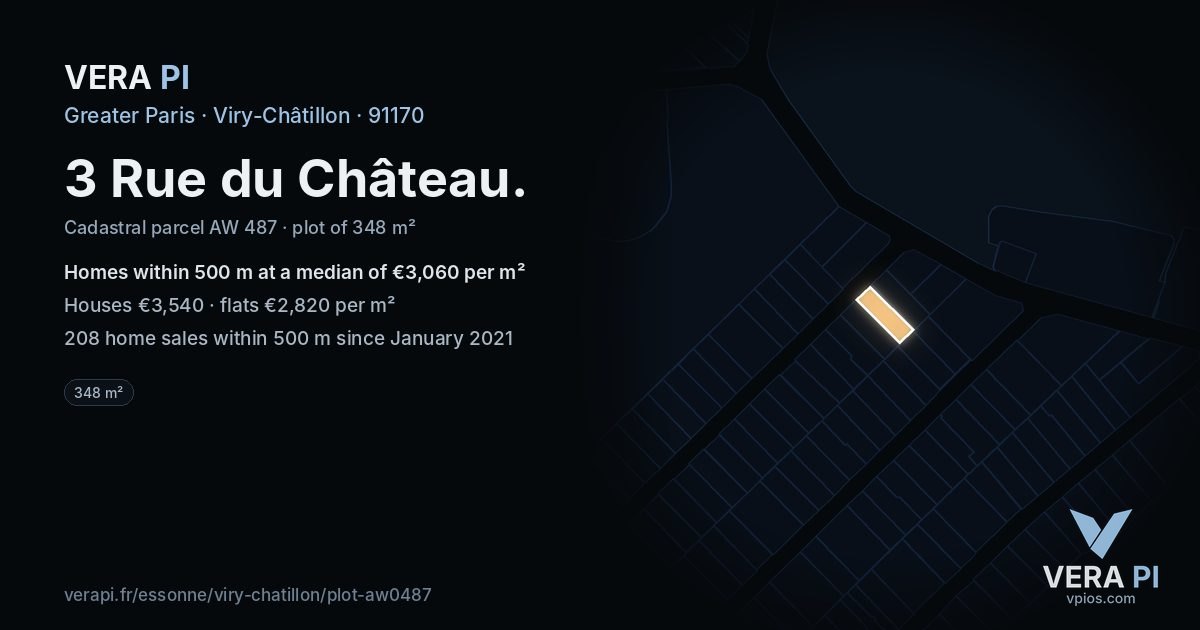 3 Rue du Château, Viry-Châtillon at night – the plot lit, the parcels around coloured by the prices near them