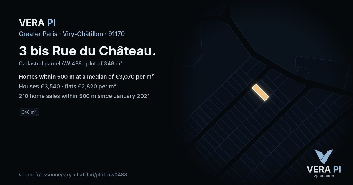 3 bis Rue du Château, Viry-Châtillon at night – the plot lit, the parcels around coloured by the prices near them
