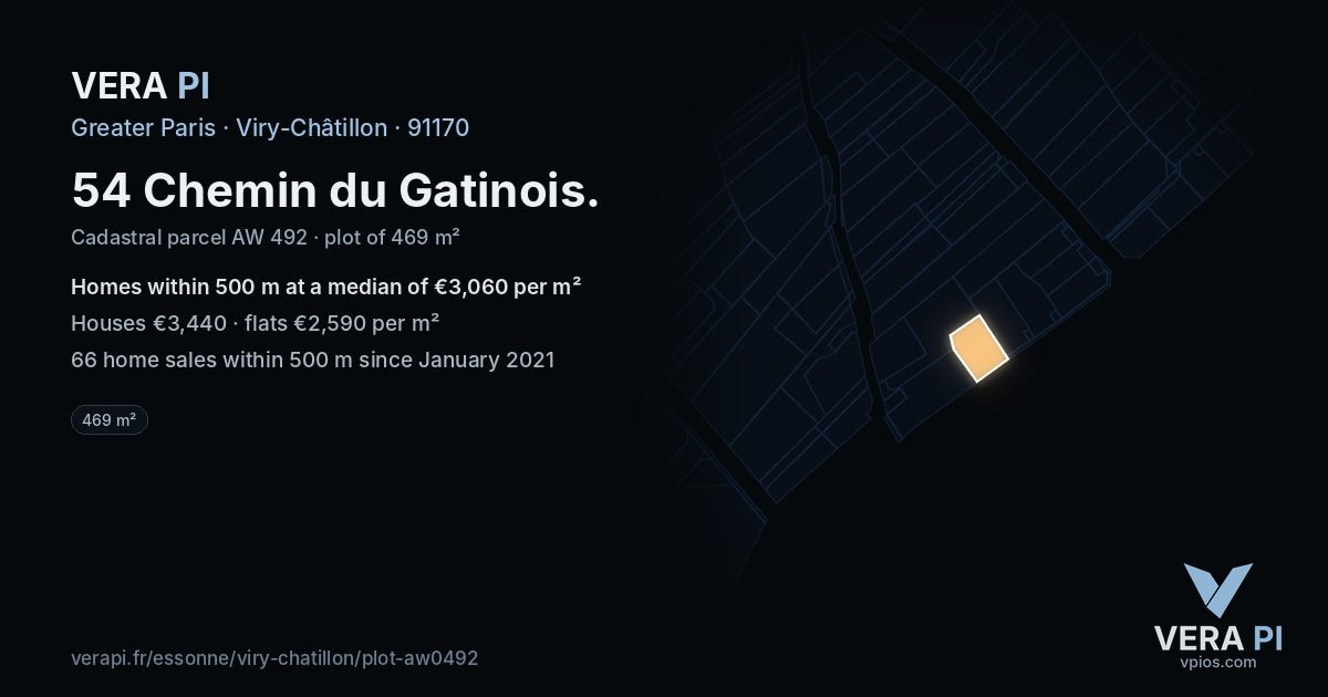 54 Chemin du Gatinois, Viry-Châtillon at night – the plot lit, the parcels around coloured by the prices near them