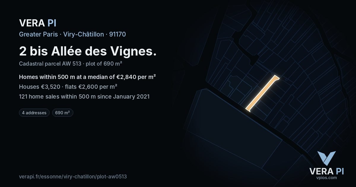 2 bis Allée des Vignes, Viry-Châtillon at night – the plot lit, the parcels around coloured by the prices near them