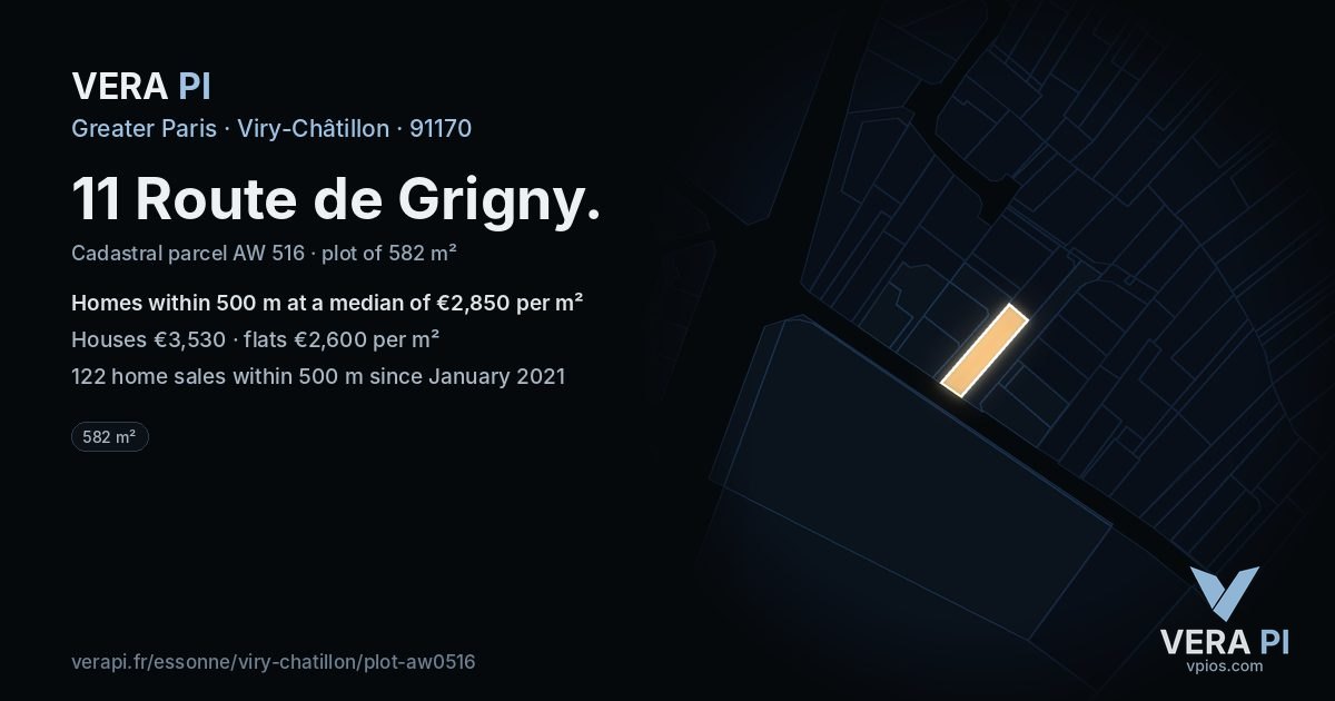 11 Route de Grigny, Viry-Châtillon at night – the plot lit, the parcels around coloured by the prices near them