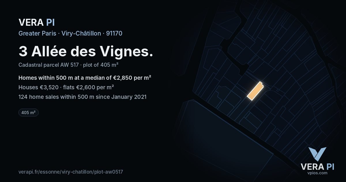 3 Allée des Vignes, Viry-Châtillon at night – the plot lit, the parcels around coloured by the prices near them