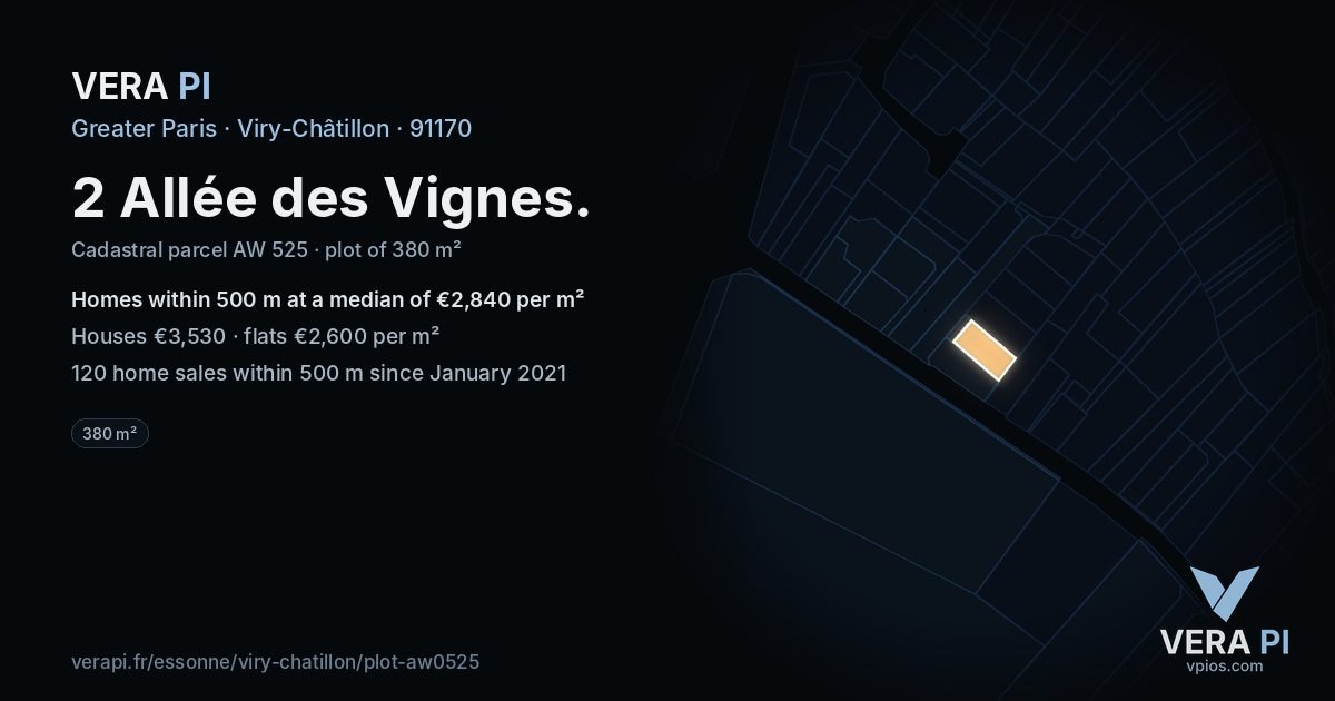 2 Allée des Vignes, Viry-Châtillon at night – the plot lit, the parcels around coloured by the prices near them