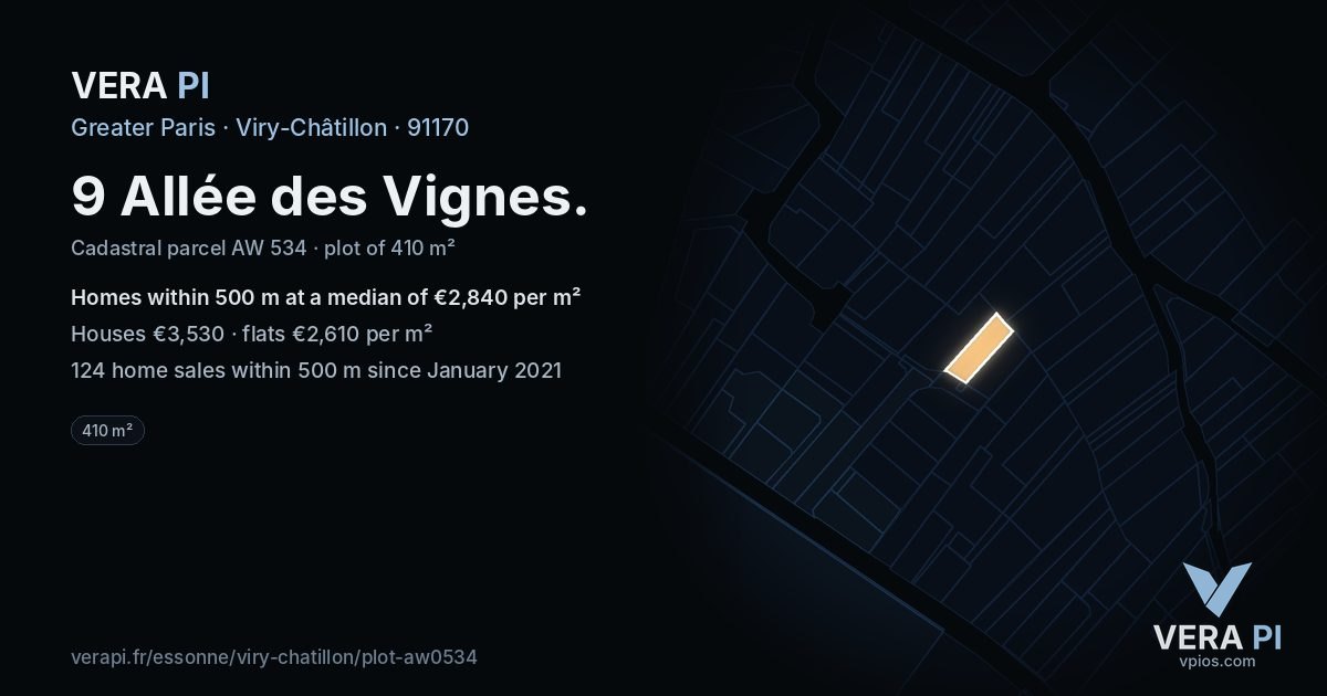 9 Allée des Vignes, Viry-Châtillon at night – the plot lit, the parcels around coloured by the prices near them