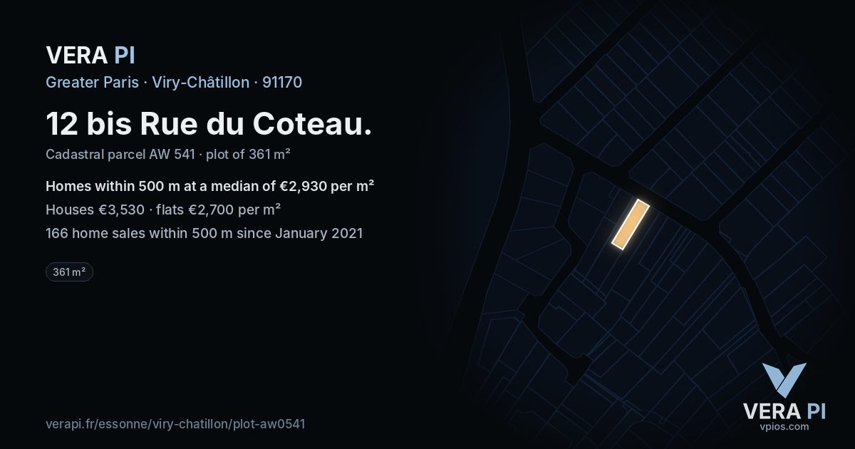 12 bis Rue du Coteau, Viry-Châtillon at night – the plot lit, the parcels around coloured by the prices near them