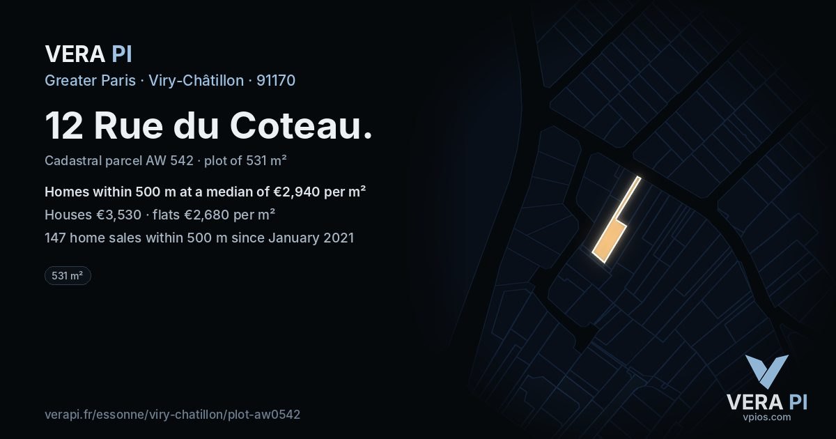 12 Rue du Coteau, Viry-Châtillon at night – the plot lit, the parcels around coloured by the prices near them