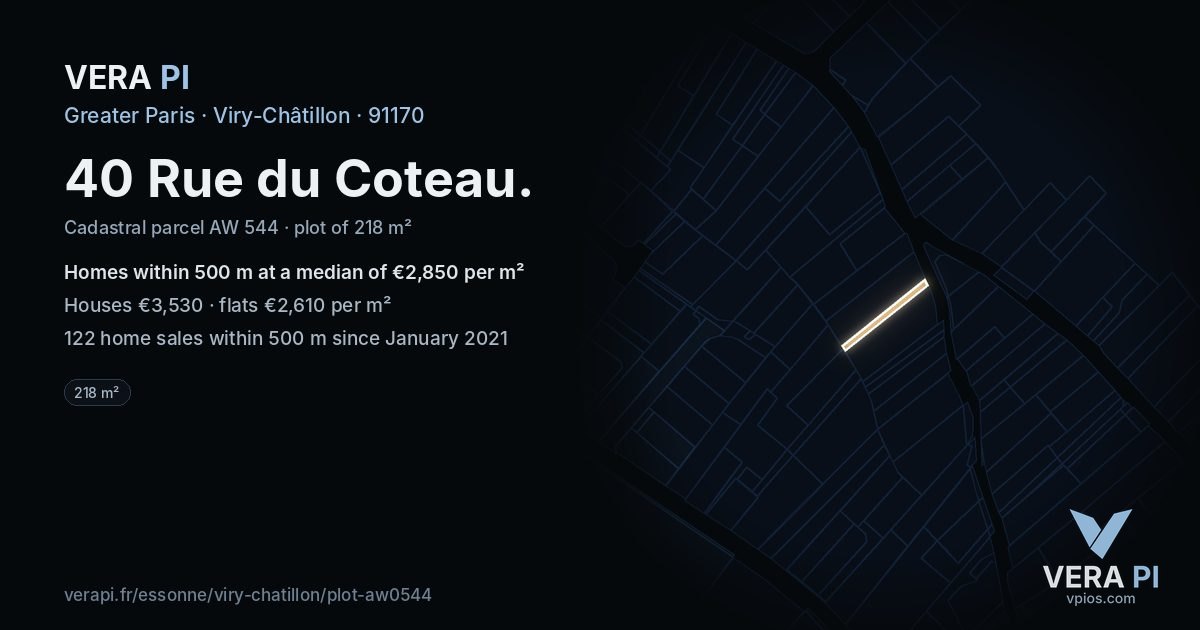 40 Rue du Coteau, Viry-Châtillon at night – the plot lit, the parcels around coloured by the prices near them