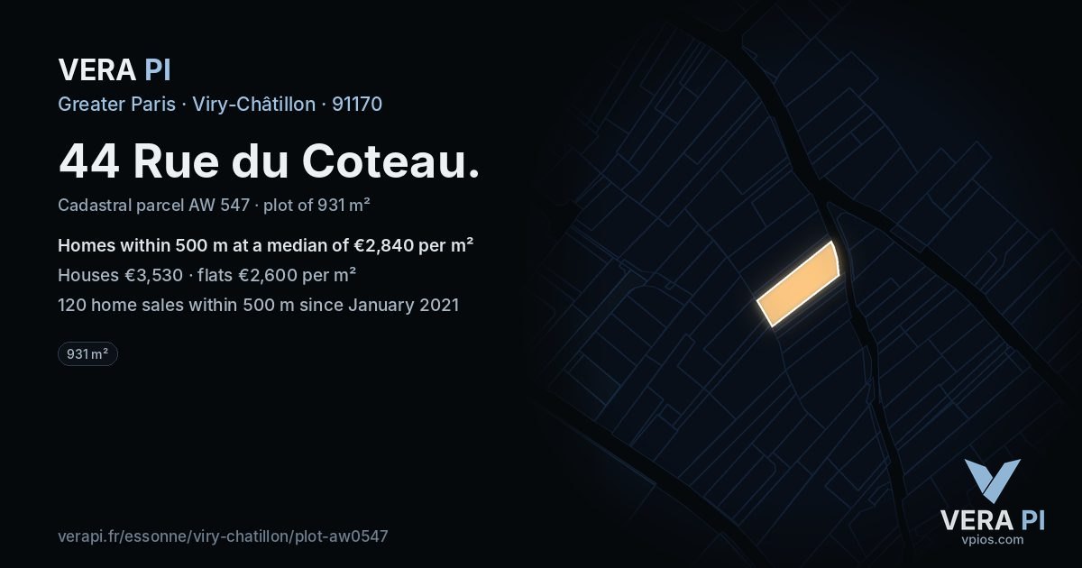 44 Rue du Coteau, Viry-Châtillon at night – the plot lit, the parcels around coloured by the prices near them
