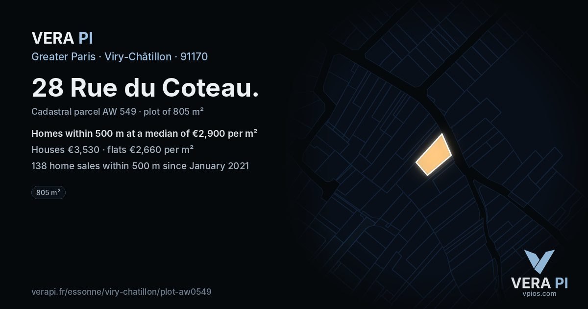 28 Rue du Coteau, Viry-Châtillon at night – the plot lit, the parcels around coloured by the prices near them