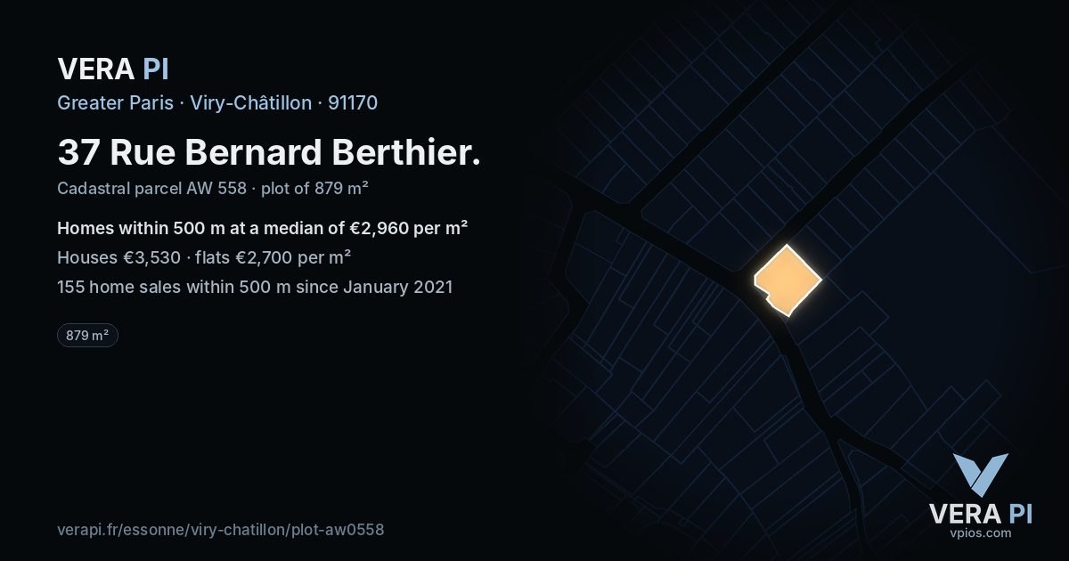 37 Rue Bernard Berthier, Viry-Châtillon at night – the plot lit, the parcels around coloured by the prices near them