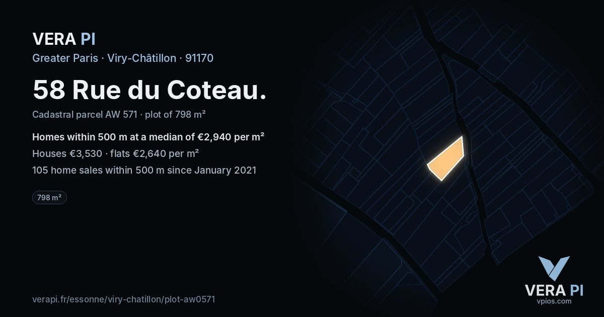 58 Rue du Coteau, Viry-Châtillon at night – the plot lit, the parcels around coloured by the prices near them