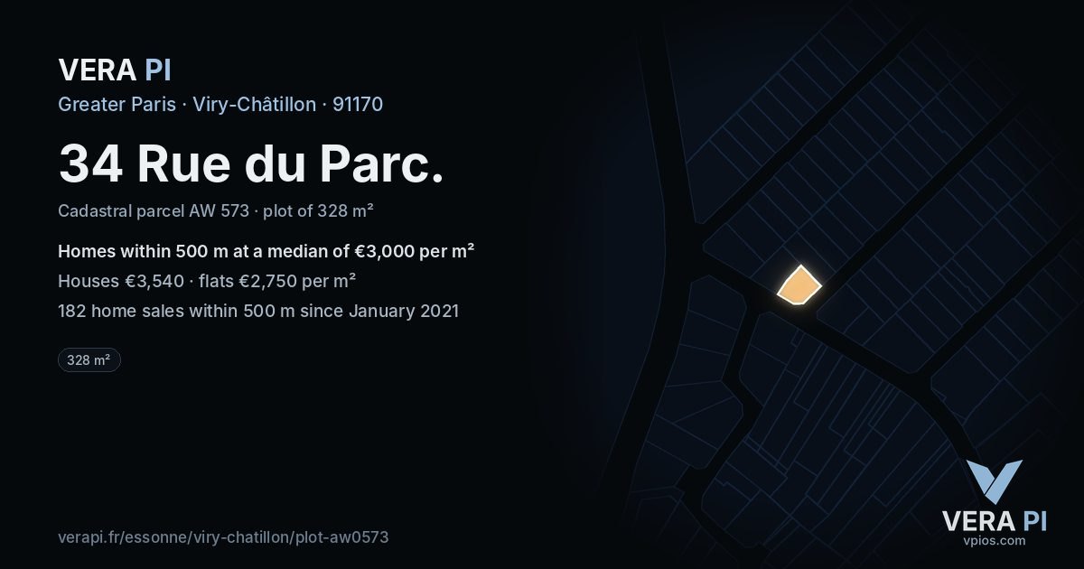 34 Rue du Parc, Viry-Châtillon at night – the plot lit, the parcels around coloured by the prices near them