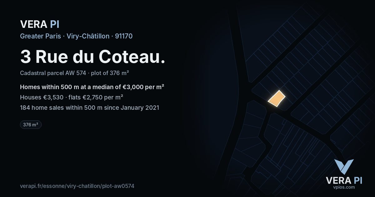 3 Rue du Coteau, Viry-Châtillon at night – the plot lit, the parcels around coloured by the prices near them