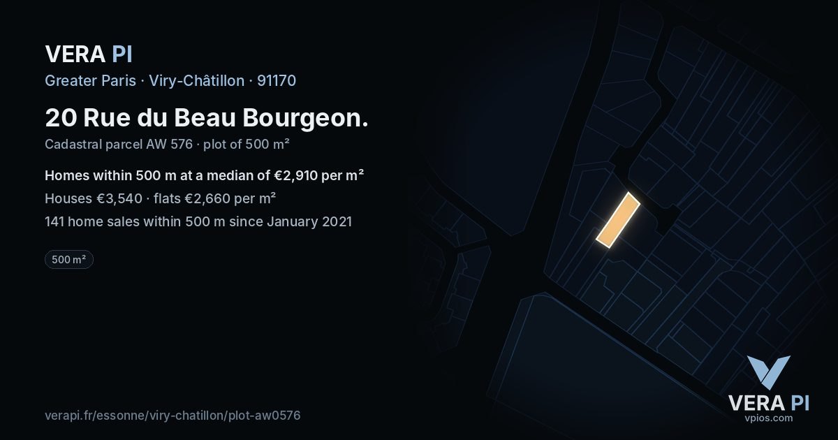 20 Rue du Beau Bourgeon, Viry-Châtillon at night – the plot lit, the parcels around coloured by the prices near them