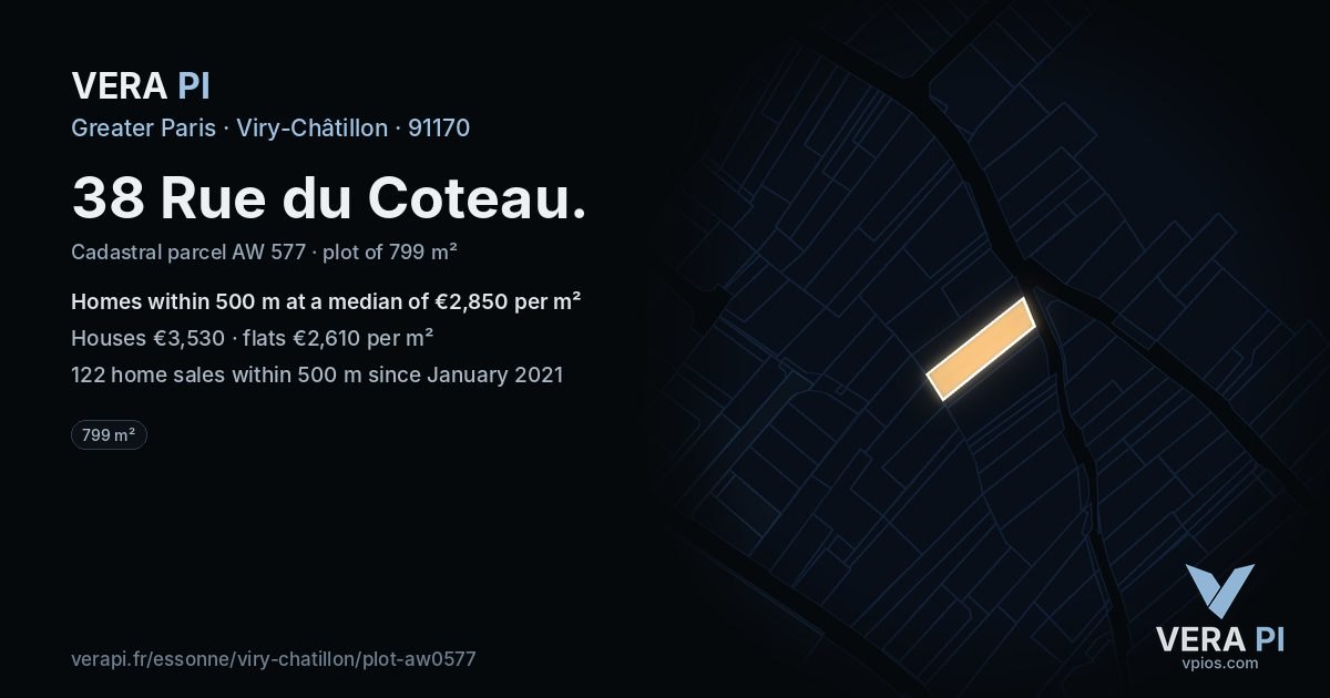 38 Rue du Coteau, Viry-Châtillon at night – the plot lit, the parcels around coloured by the prices near them