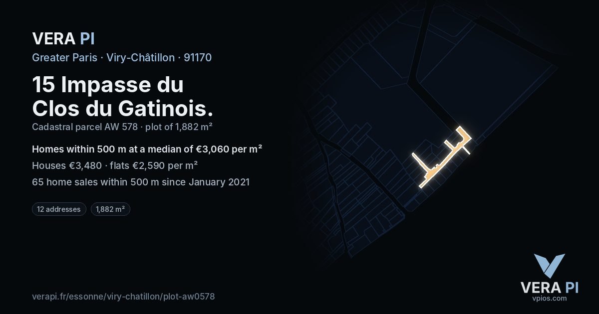 15 Impasse du Clos du Gatinois, Viry-Châtillon at night – the plot lit, the parcels around coloured by the prices near them