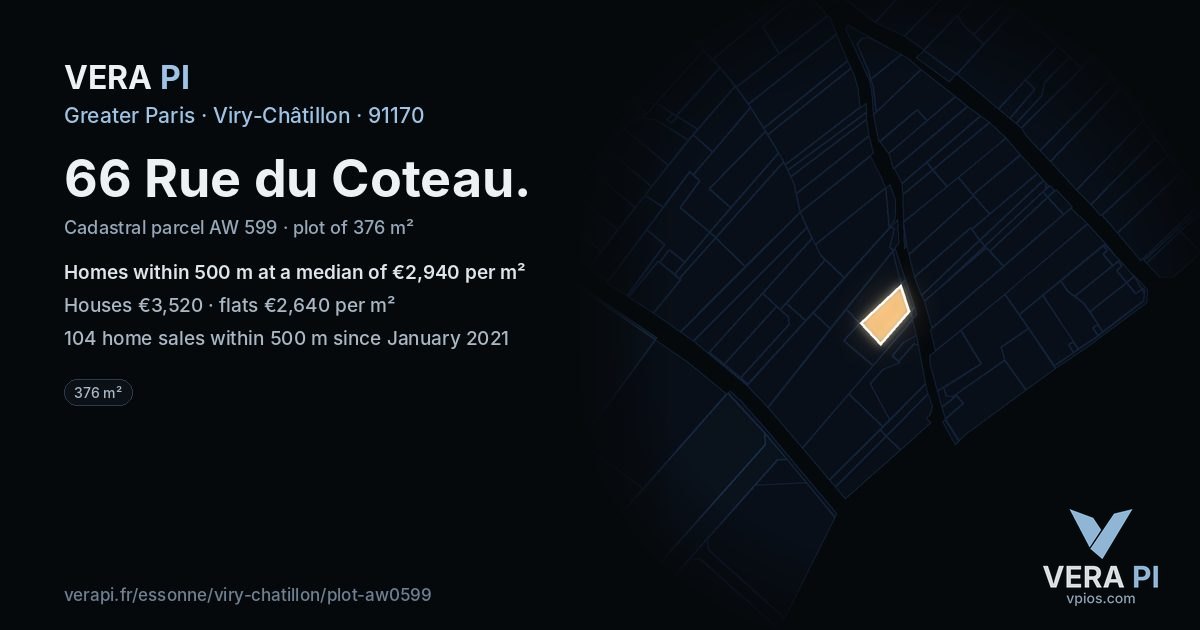 66 Rue du Coteau, Viry-Châtillon at night – the plot lit, the parcels around coloured by the prices near them