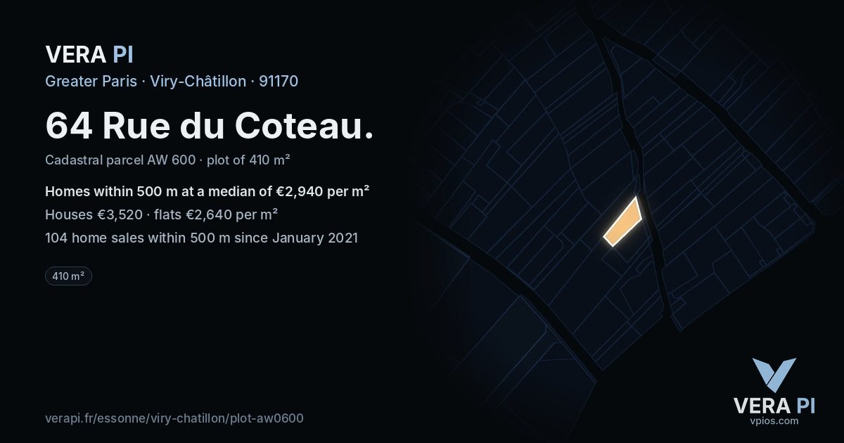 64 Rue du Coteau, Viry-Châtillon at night – the plot lit, the parcels around coloured by the prices near them