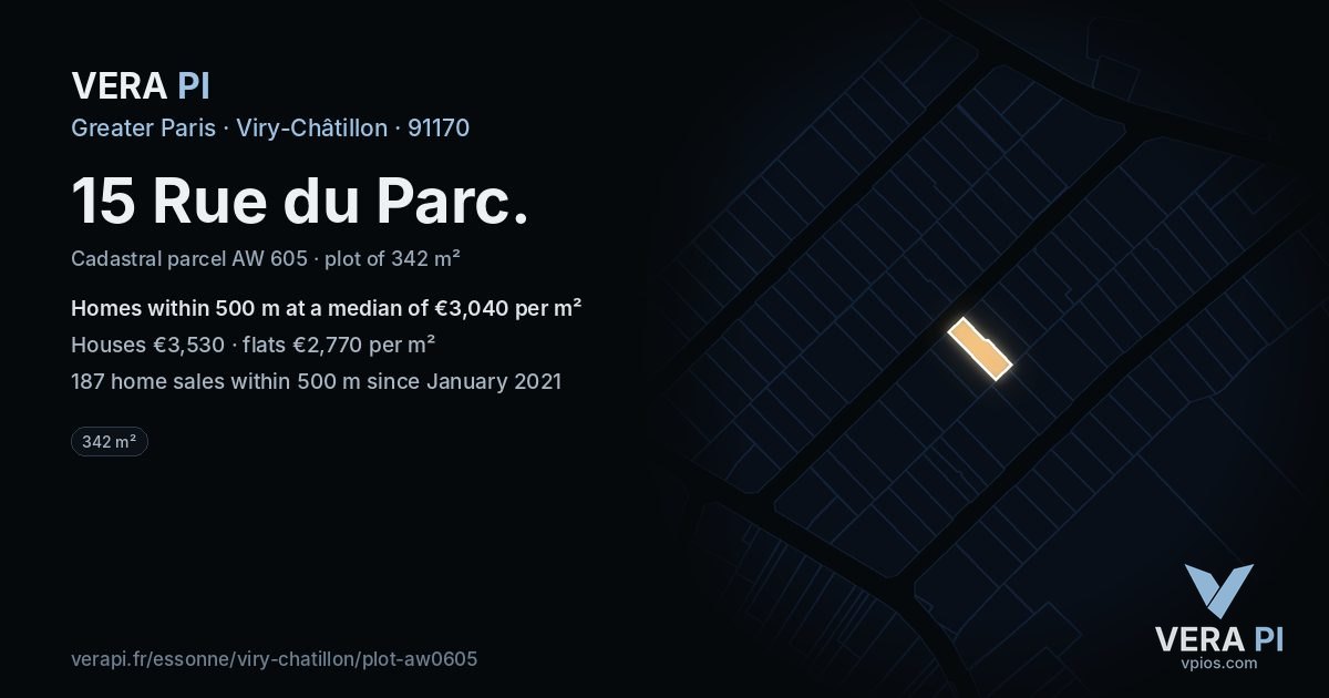15 Rue du Parc, Viry-Châtillon at night – the plot lit, the parcels around coloured by the prices near them