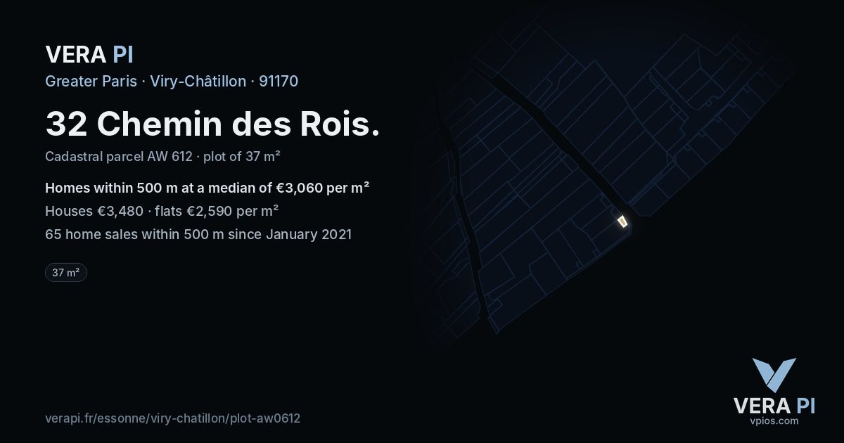 32 Chemin des Rois, Viry-Châtillon at night – the plot lit, the parcels around coloured by the prices near them