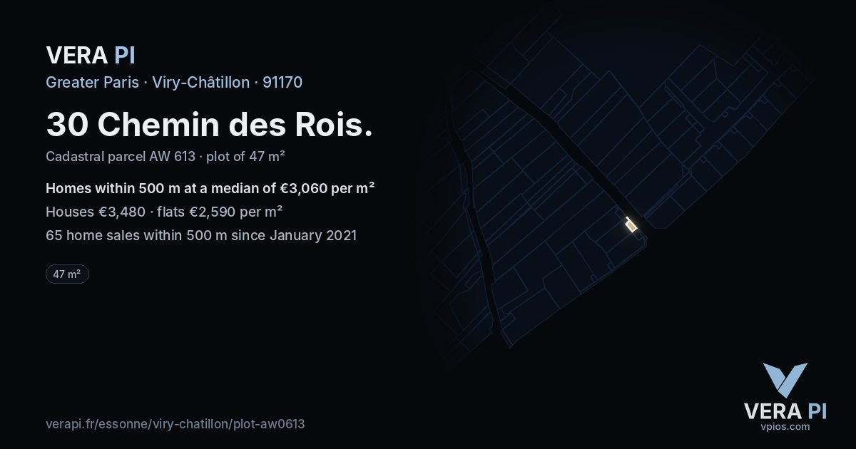 30 Chemin des Rois, Viry-Châtillon at night – the plot lit, the parcels around coloured by the prices near them