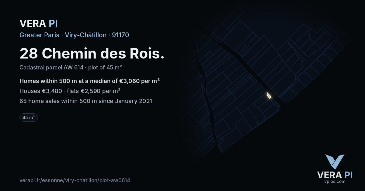 28 Chemin des Rois, Viry-Châtillon at night – the plot lit, the parcels around coloured by the prices near them