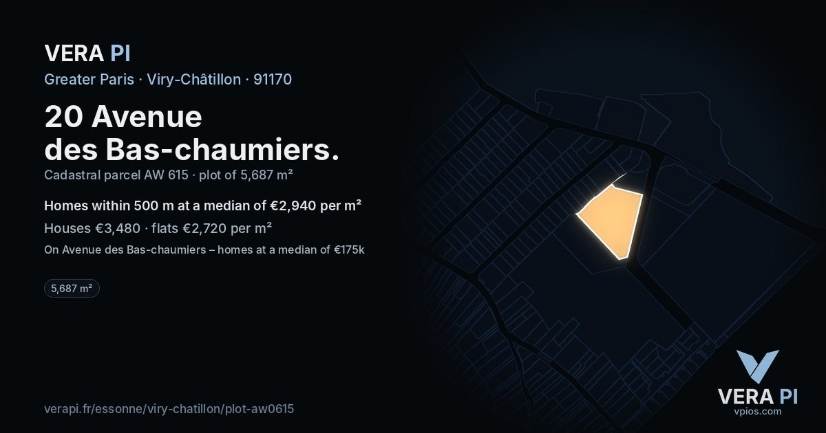 20 Avenue des Bas-chaumiers, Viry-Châtillon at night – the plot lit, the parcels around coloured by the prices near them