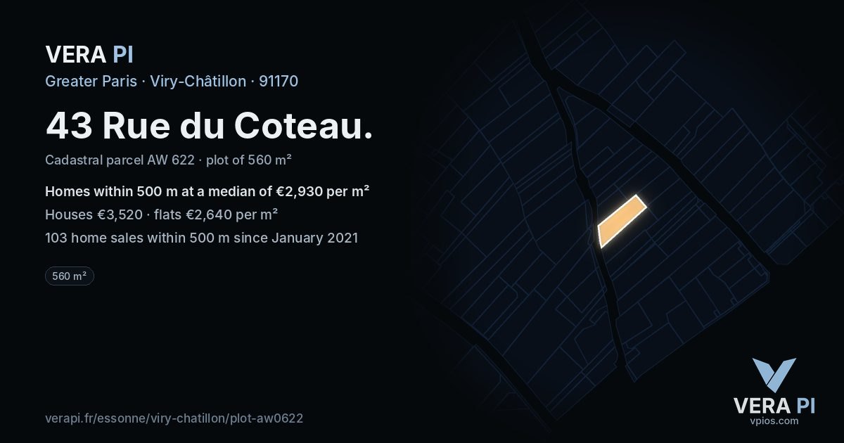 43 Rue du Coteau, Viry-Châtillon at night – the plot lit, the parcels around coloured by the prices near them