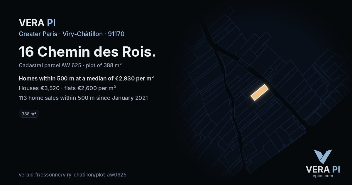 16 Chemin des Rois, Viry-Châtillon at night – the plot lit, the parcels around coloured by the prices near them
